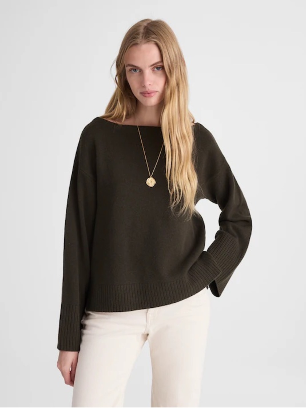 Madewell NWT Wide-Cuff Boatneck Sweater in Merino Wool Dark Olive Green Size xxs